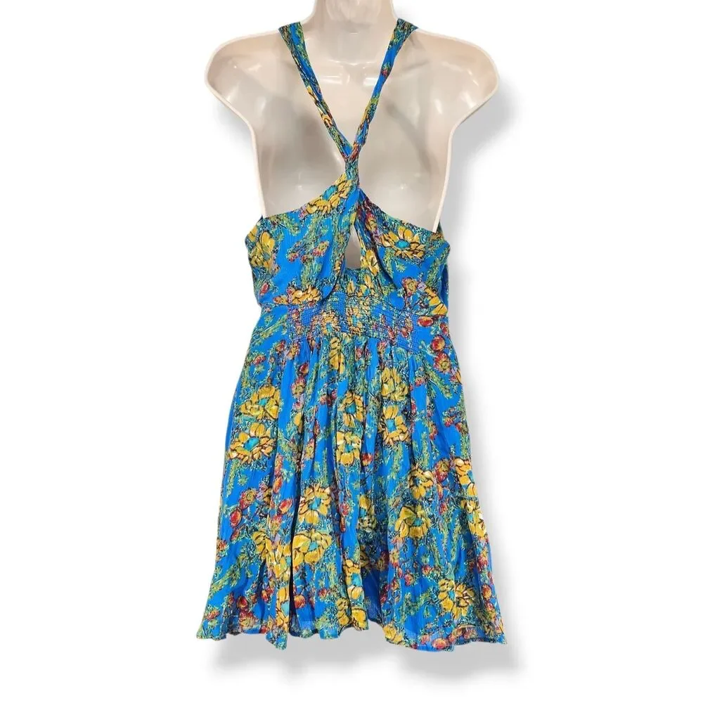 Free People Washed Ashore Mini Dress Blue Floral Halter Criss Cross Back Size M
